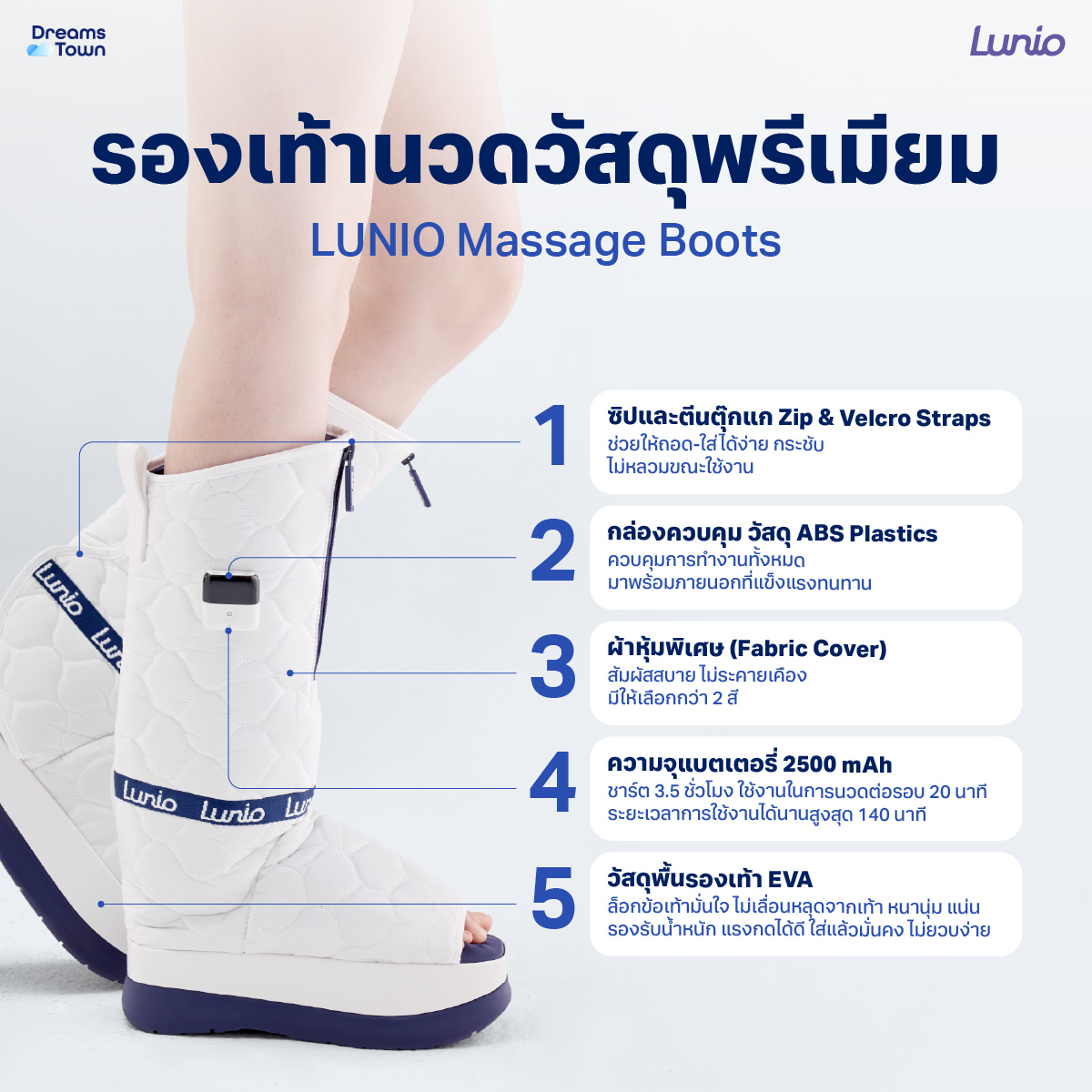 รองเท้านวดไฟฟ้าแบบไร้สาย LUNIO รุ่น MASSAGE BOOTS WHITE